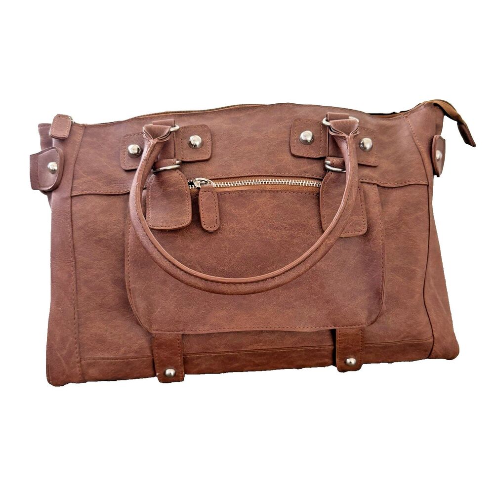 LANEIGE Brown Faux Leather Satchel Bag Tote Top Handle Purse Boho Chic